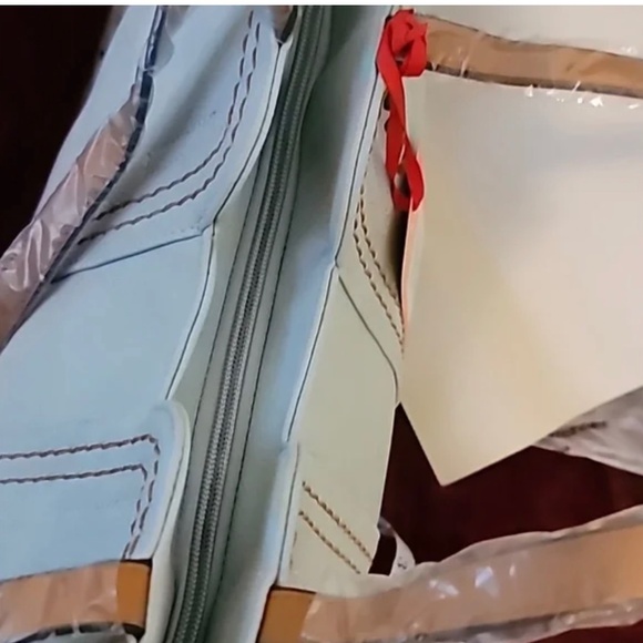 NWT Montana West Tote Bag Top Handle Oversized Handbag Light Blue Brown Piping - Picture 9 of 14